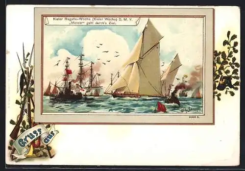 Künstler-AK Willy Stoewer: Kiel, Regatta-Woche, SMY Meteor geht durch`s Ziel