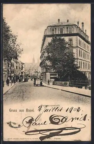 AK Basel, Strassenpartie in der Steinenvorstadt