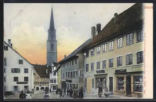 AK Bülach, Strassenpartie mit Blick zum Kirchturm