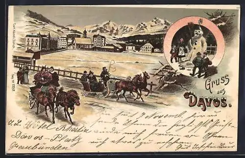 Lithographie Davos, Winterlandschaft mit Schlittenkutschen, Schneemann