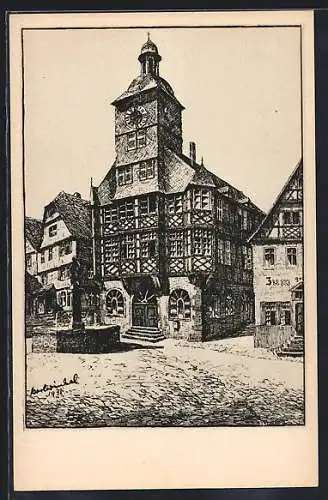 Künstler-AK Heppenheim a. Bergstrasse, auf dem Marktplatz