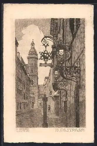 Künstler-AK Leipzig, Burgstrasse, Partie mit Turm