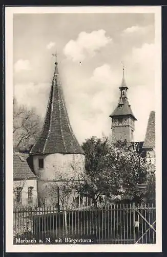 AK Marbach a. N., Ortspartie mit Bürgerturm