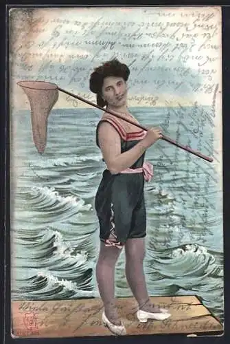 AK Dame im Badeanzug mit Köcher