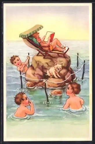 Künstler-AK Mädchen in Badeanzug sonnt sich auf Felsen, Jungen im Wasser