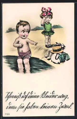 AK Im Wasser stehender Junge in Badehose empfiehlt dem Mädchen, ebenfalls die Kleider wegzulegen