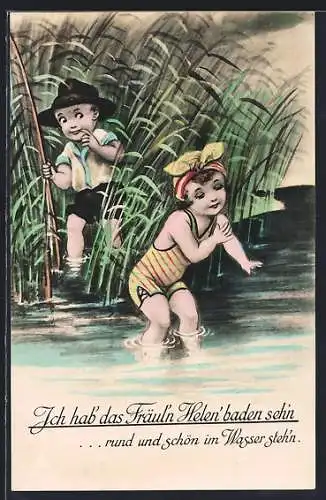Künstler-AK Junge beobachtet Mädchen in Badeanzug