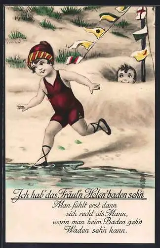 AK Junge beobachtet Mädchen im Badeanzug am Strand