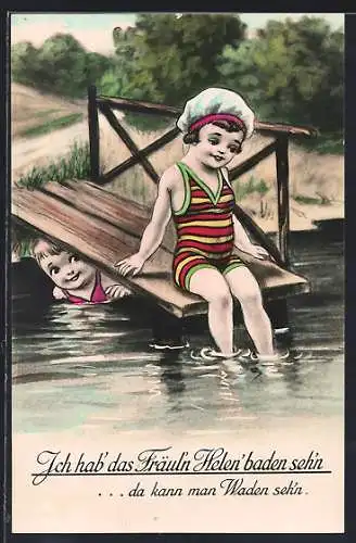 AK Knabe beobachtet ein junges Mädchen am Wasser, Bademode