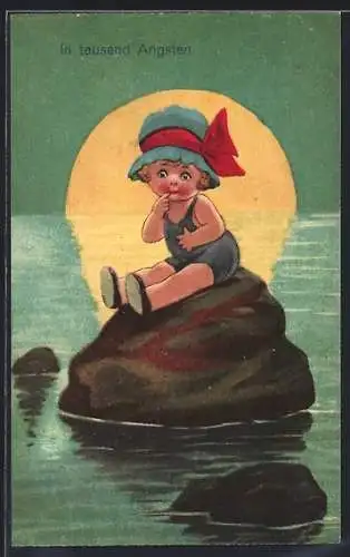 Künstler-AK Mädchen in Badeanzug sitzt auf einem Felsen