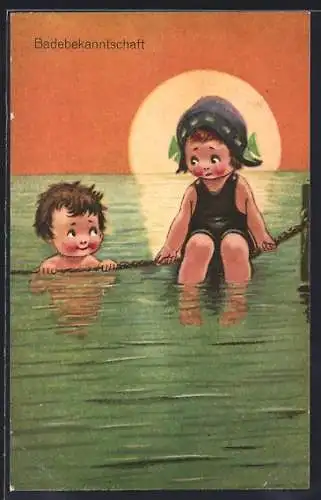 Künstler-AK Mädchen im Badeanzug sitzt auf einem Seil, ein Junge ist neben ihr im Wasser