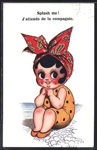 Künstler-AK Mädchen im Badeanzug, Splash me! J`attends de la compagnie