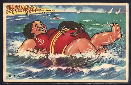 Künstler-AK Boule-de-Suif s`amuse, Krebs sitzt auf dem roten Badeanzug einer dicken Frau
