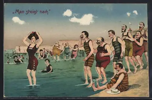 Künstler-AK Männer folgen Frau im Badeanzug ins Wasser