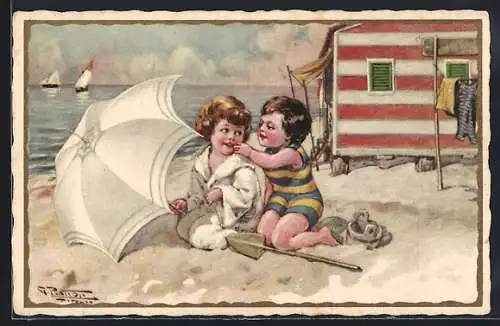 Künstler-AK Kinder in Badeanzügen sitzen zusammen am Strand
