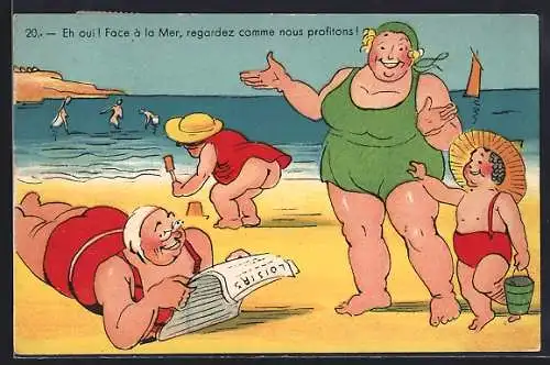Künstler-AK Frauen und Kinder in Badeanzügen am Strand Eh oui! Face à la Mer, regardez comme nous profitons!