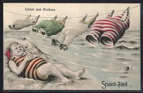 Künstler-AK Borkum, Mann liegt am Strand mit Badeanzügen an einer Leine