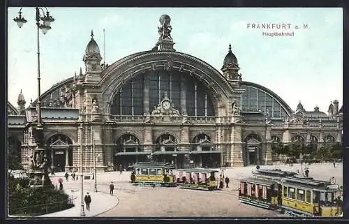 AK Frankfurt a. M., Strassenbahnen vor dem Hauptbahnhof