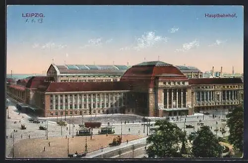 AK Leipzig, Strassenbahnen vor dem Hauptbahnhof