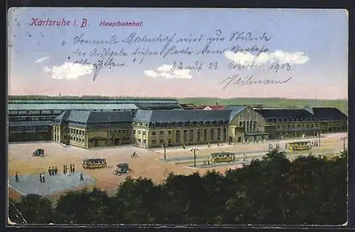 AK Karlsruhe, Der Hauptbahnhof, Strassenbahnen