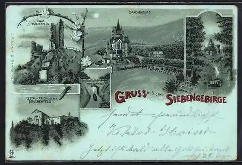 Mondschein-Lithographie Drachenburg, Ruine Drachenfels, Restaurant auf dem Drachenfels, Bergbahn
