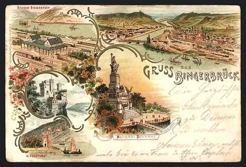 Lithographie Bingerbrück, Nationaldenkmal, Mauseturm, Rheinstein, Bahnhof