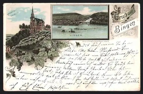 Lithographie Bingen / Rhein, Rochus-Kapelle, Blick zum Ort