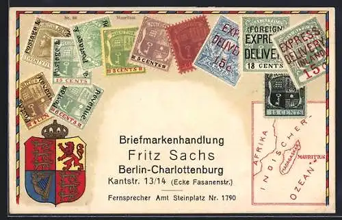 AK Berlin-Charlottenburg, Briefmarkenhandlung Fritz Sachs, Kantstr. 13 /14, Mauritianische Briefmarken und Wappen