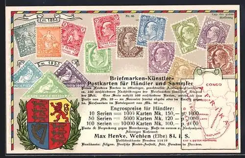 AK Cape of Good Hope, Kap der Guten Hoffnung, Wappen und Briefmarken, Pennies und Schillings