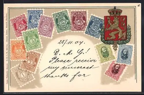 Präge-AK Norwegische Briefmarken mit Portrait und Wappen