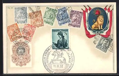 AK Paraguay, Verschiedene Briefmarken mit Wappen und Fahnen