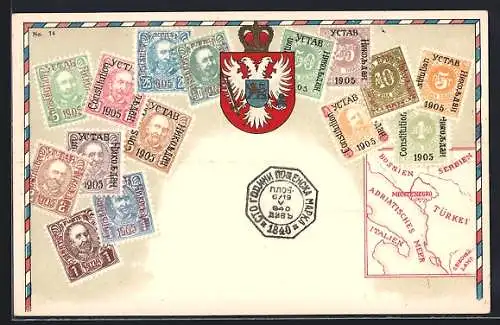 AK Briefmarken und Wappen Montenegro, Krone, Landkarte