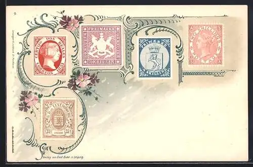 AK Luxemburgische Briefmarken mit Wappen und Portraits