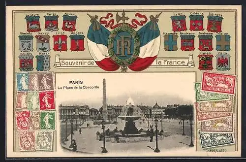 Präge-AK Paris, La Place de la Concorde, Wappen und Briefmarken