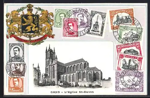 Passepartout-AK Gand, L`Eglise St. Bavon, Belgische Briefmarken