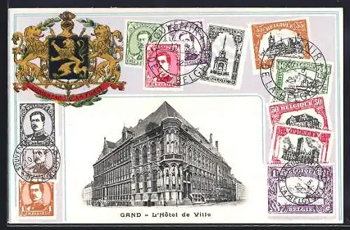 AK Gand, L`Hôtel de Ville, versch. Briefmarken, Wappen