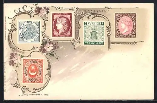 Lithographie Briefmarken aus Schweden, Spanien, Napoli & Frankreich