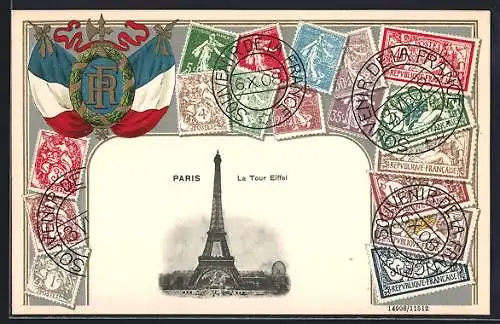 Präge-AK Paris, Le Tour Eiffel, Briefmarken und Flaggen