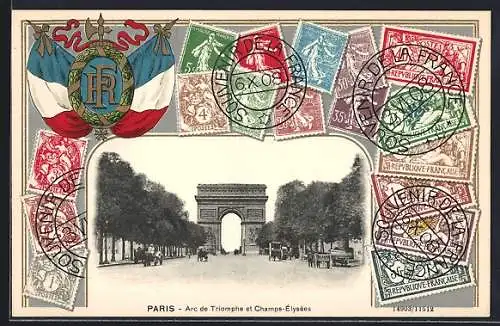AK Paris, Arc de Triomphe et Champs-Élysées mit gestempelten Briefmarken und Fahnen
