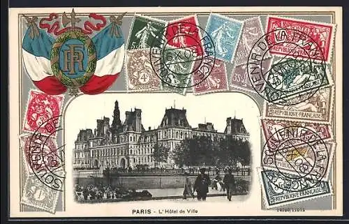 AK Paris, L`Hotel de Ville, Briefmarken und Flaggen