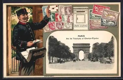 AK Paris, Arc de Triomphe et Champs-Elysées, Postboote, Briefkasten und Briefmarken