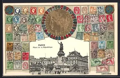 AK Paris, Place de la République mit gestempelten Briefmarken, Republique Francaise