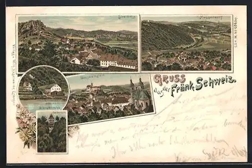Lithographie Gössweinstein /Fränk. Schweiz, Ortsansicht, Stempfermühle, Gailenreuth, Streitberg, Muggendorf