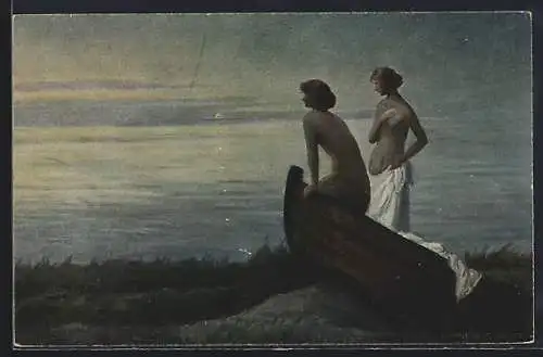 Künstler-AK sign. H. Slott-Moller: In heller Sommernacht, Zwei Frauen am Meer
