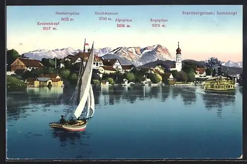 AK Seeshaupt /Starnberger See, Ortspanorama mit Segelboot, Dampfer und Bergspitzen