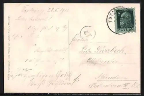 AK Seeshaupt /Starnberger See, Ortspanorama mit Segelboot, Dampfer und Bergspitzen