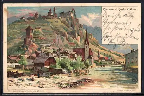 Lithographie Klausen, Teilansicht und Kloster Säben