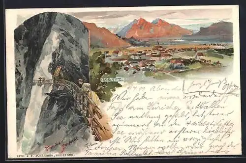 Lithographie Ragatz, Ortsansicht, in der Tamina-Schlucht