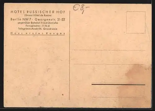 AK Berlin, Grand Hotel Russischer Hof im Rundbild, Georgenstrasse
