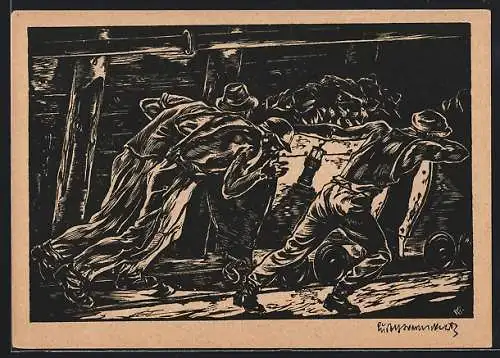 Künstler-AK sign. Warnecke: Im Stollen, Arbeiter an einer Lore